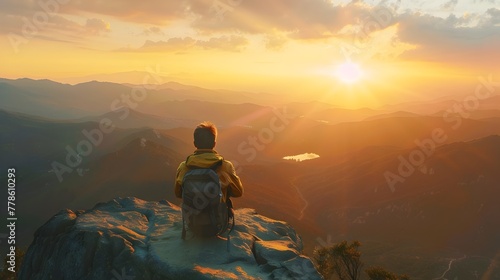 Majestic Mountain Sunrise Overlooking a Scenic Viewpoint with a Solitary Backpack Symbolizing the Journey and Connection with Nature