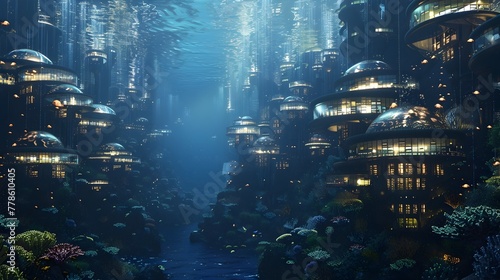 Glowing Futuristic Underwater City Harmoniously Integrated with Marine Ecosystems,Symbolizing Innovation in Expanding Human Habitats