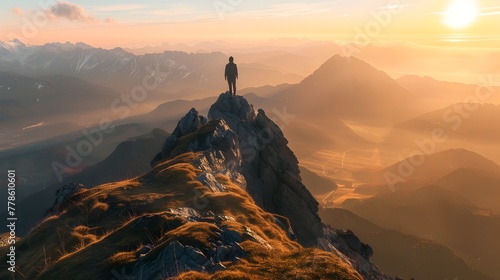 Lone Hiker Stands Atop Majestic Mountain at Breathtaking Sunrise,Gazing Over Vast Valleys and Ridges Illuminated by Golden Light,Symbolizing Personal