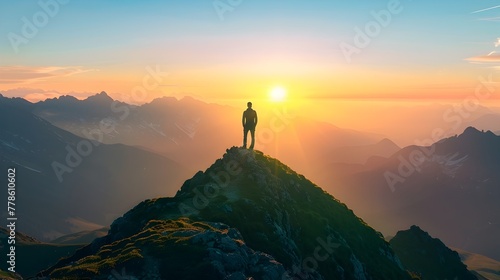 Solitary Silhouette Overlooking Majestic Mountain Sunrise over Serene Valleys - Achieving Personal Goals and Embracing New Journeys