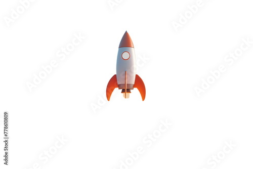 A rocket is taking off, surrounded by white clouds, with an orange and gray color scheme