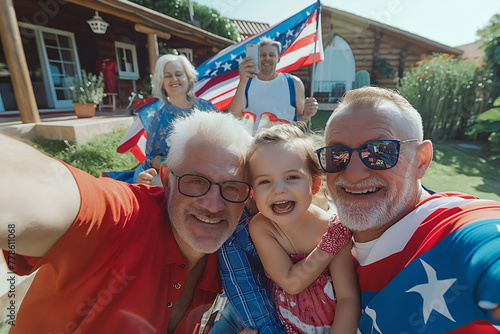 Happy loving family with seniors and baby holding American USA Flag draped over shoulders on backyard of typical American house at sunny day. Family celebrates 4 July Independence Day