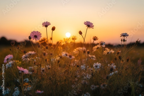 beautiful wild flowers against the background of sunrise. flowering field2 photo