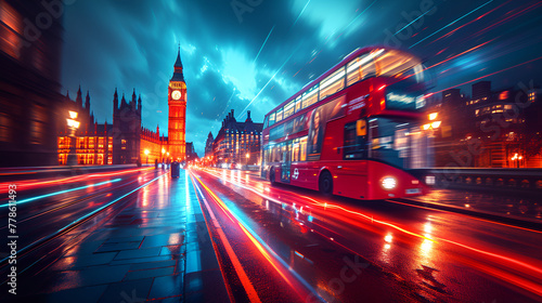 Double decker bus - motion blur effect - British - England - street - dramatic effect - clock tower bridge 