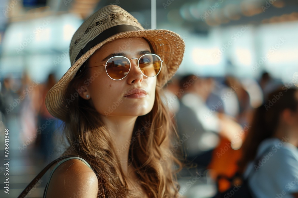 Young beautiful woman waiting in the airport terminal, travel concept, Generative AI. Young beautiful woman waiting in the airport terminal, travel concept, Generative AI.