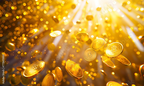 Golden coins falling in the air with bokeh background.