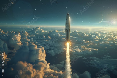Rocket launching into outer space, A rocket soars from Earth into space, Generative AI photo