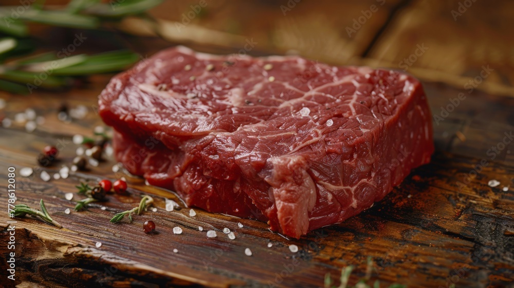 A piece of fresh marbled beef on a wooden background for you decoration, Generative AI A piece of fresh marbled beef on a wooden background for you decoration, Generative AI