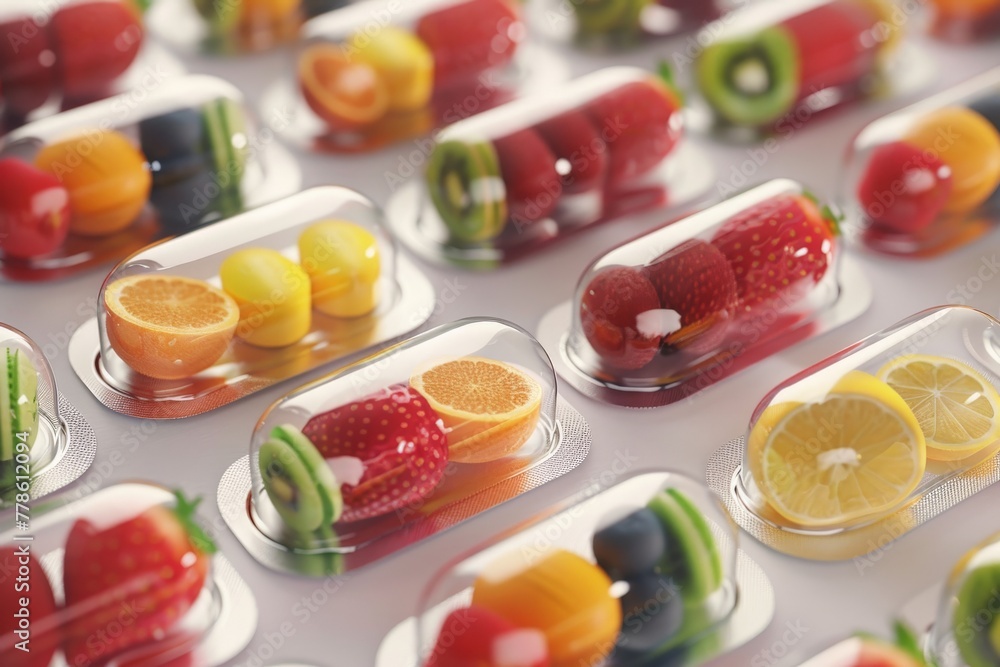 Fruits inside pill, Vitamin supplement nutrition as a capsule with fruits, Generative AI Fruits inside pill, Vitamin supplement nutrition as a capsule with fruits, Generative AI