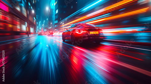 Car racing down the street - motion blur effect - extremely bright colors at night - surreal effect 