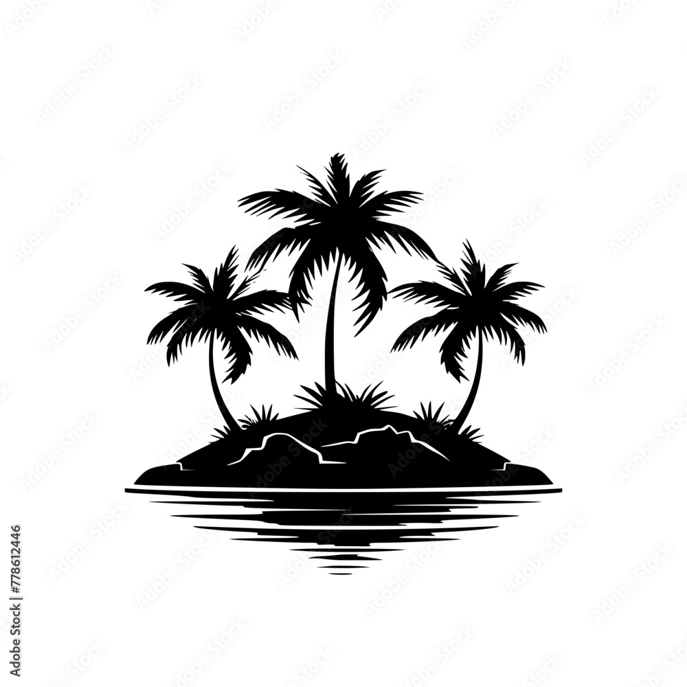 Silhouette of Tropical Island with Palm Trees , Graphic illustration of a serene tropical island with multiple palm trees reflecting in calm water.
