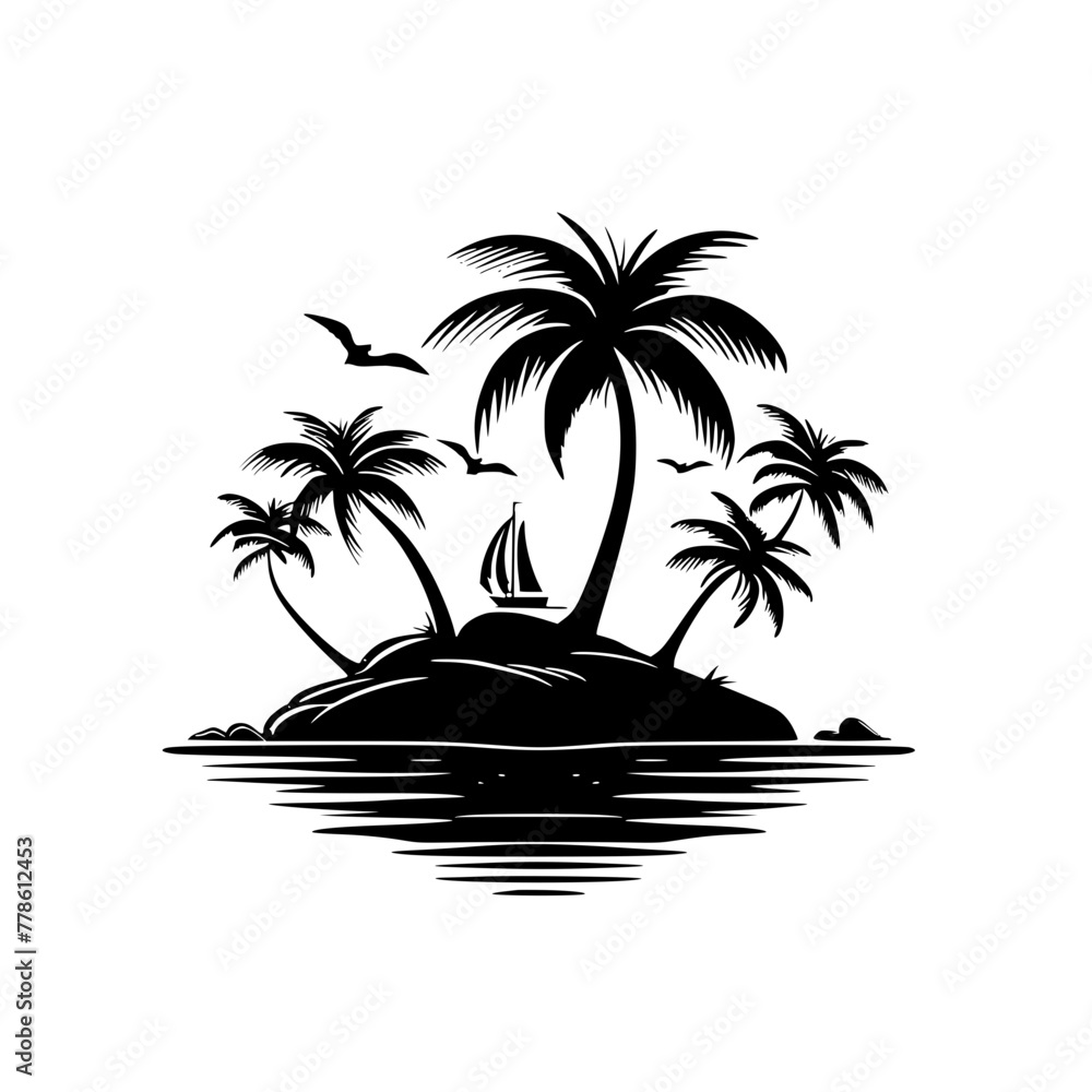 Silhouette of Tropical Island with Palm Trees , Graphic illustration of a serene tropical island with multiple palm trees reflecting in calm water.
