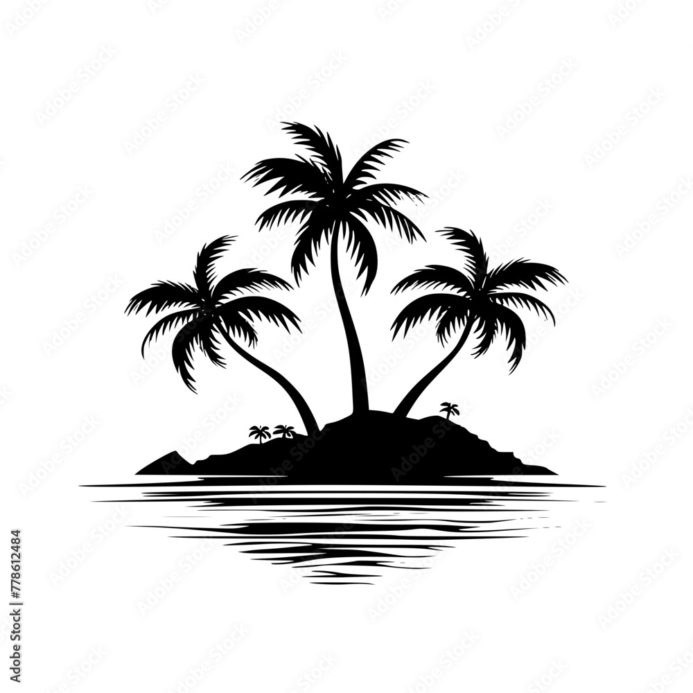 Silhouette of Tropical Island with Palm Trees , Graphic illustration of a serene tropical island with multiple palm trees reflecting in calm water.
