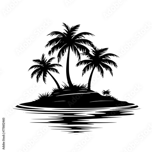 Silhouette of Tropical Island with Palm Trees , Graphic illustration of a serene tropical island with multiple palm trees reflecting in calm water. 