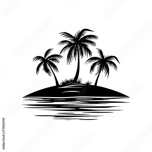 Silhouette of Tropical Island with Palm Trees   Graphic illustration of a serene tropical island with multiple palm trees reflecting in calm water. 