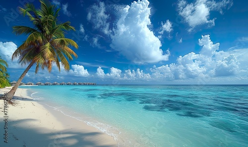 Panoramic view of coconut palms on a white sandy beach in the Maldives Islands