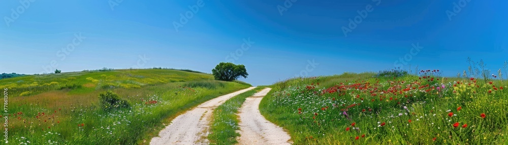 Wildflowers blooming along a winding country road under a clear blue sky