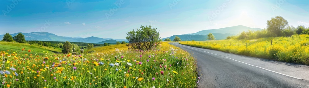 Wildflowers blooming along a winding country road under a clear blue sky