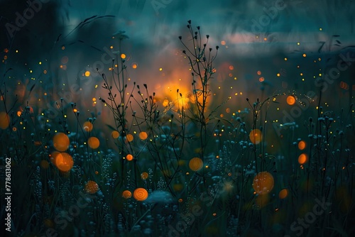 Fireflies lighting up a meadow at dusk