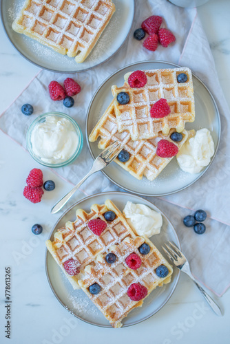 Fresh homemade brussels waffles with berries 