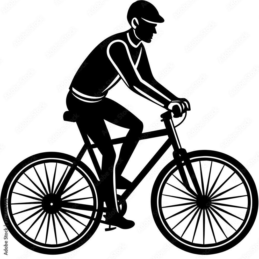 Naklejka premium A set of bicycle cyclists riding their bikes in silhouette vector illustration,head of a bull,bike characters,Holiday t shirt,Hand drawn trendy Vector illustration,helmet,riding bicycle on black backg