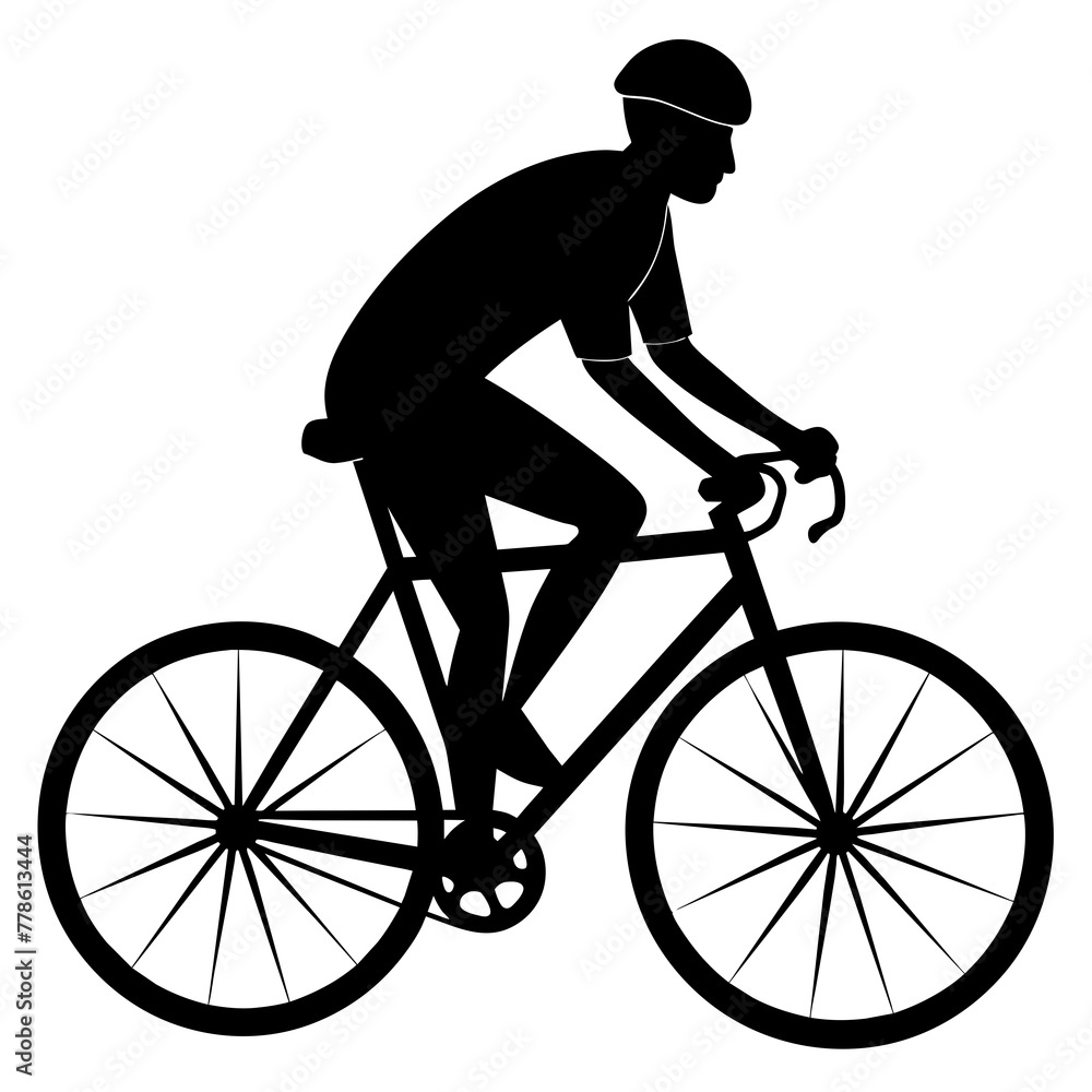 Fototapeta premium A set of bicycle cyclists riding their bikes in silhouette vector illustration,head of a bull,bike characters,Holiday t shirt,Hand drawn trendy Vector illustration,helmet,riding bicycle on black backg