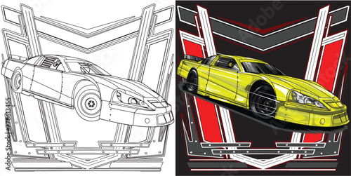 Outline and painted racing car. Isolated in black background, for t-shirt design, print, and for business purposes.
