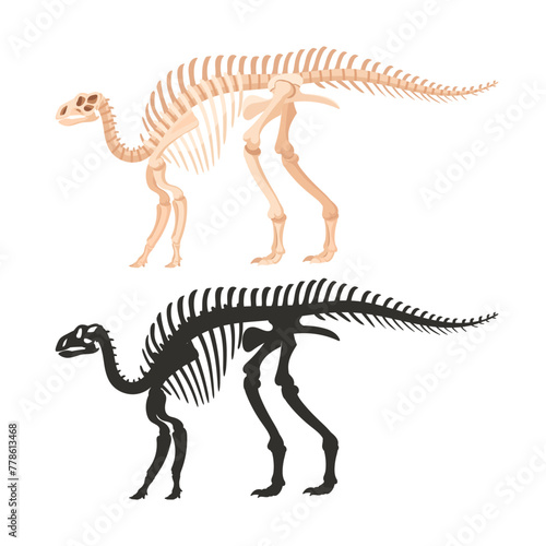 Iguanodon fossil silhouettes. Cartoon dinosaur skeleton  ancient ornithopod dinosaur  jurassic raptor bones flat vector illustration. Archaeological fossil skeletons