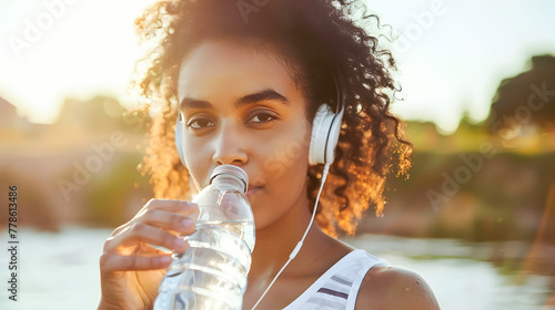 Female Athlete Taking a Break Outdoors Listening to Music with Headphones photo