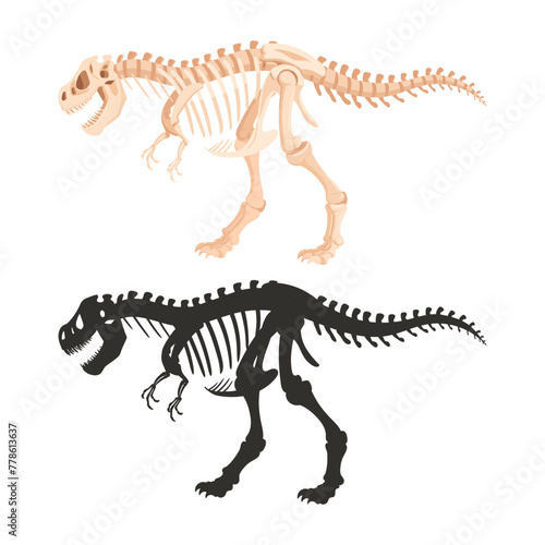 Tyrannosaurus skeleton silhouettes. Cartoon archaeological dinosaur fossil bones, jurassic tyrannosaurus raptor flat vector illustration. Ancient t-rex fossil skeleton