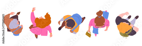 Walking characters top view. People diverse people group view from above, male and female office workers or students strolling flat vector illustration set. People walking top view