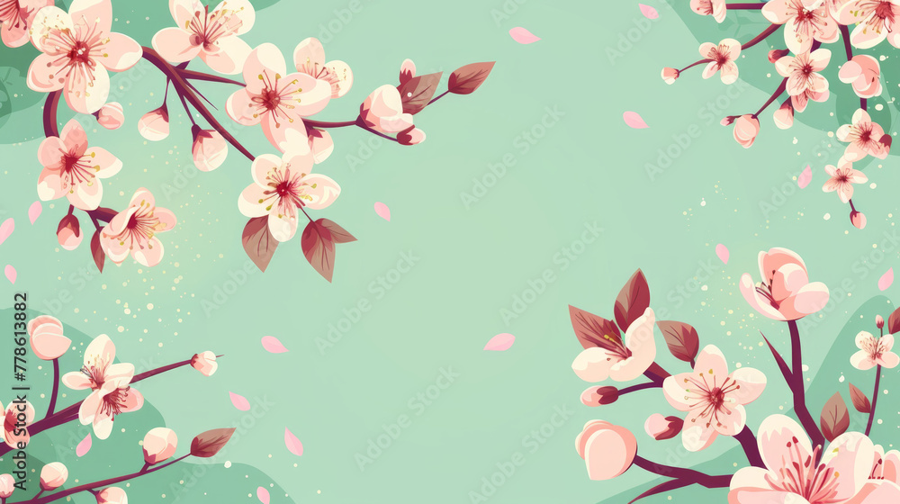 Mint green background featuring stylized cherry blossoms creates a chic banner with blank space for design purposes Mint green background featuring stylized cherry blossoms creates a chic banner with blank space for design purposes