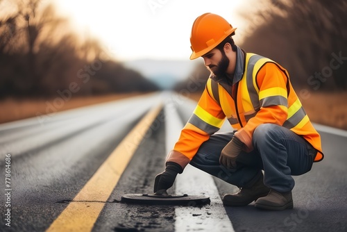 Male young road worker wearing protective fixing the road photo
