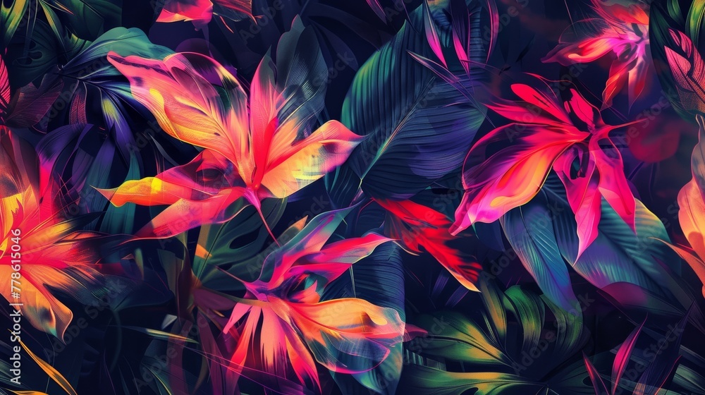 Abstract composition using the vibrant colors and shapes of tropical flowers against a dark background. Abstract composition using the vibrant colors and shapes of tropical flowers against a dark background.