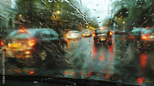 Capture an abstract image of rain streaking down the car's side window, creating a mesmerising pattern.