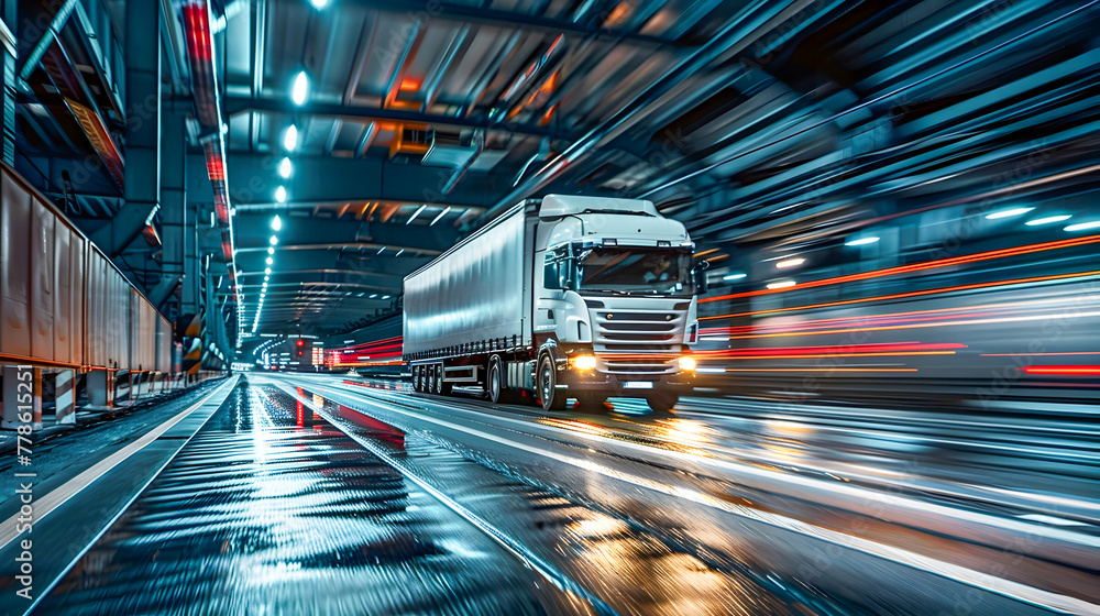 Truck in Fog Industrial Freight Delivery at Night Truck in Fog Industrial Freight Delivery at Night