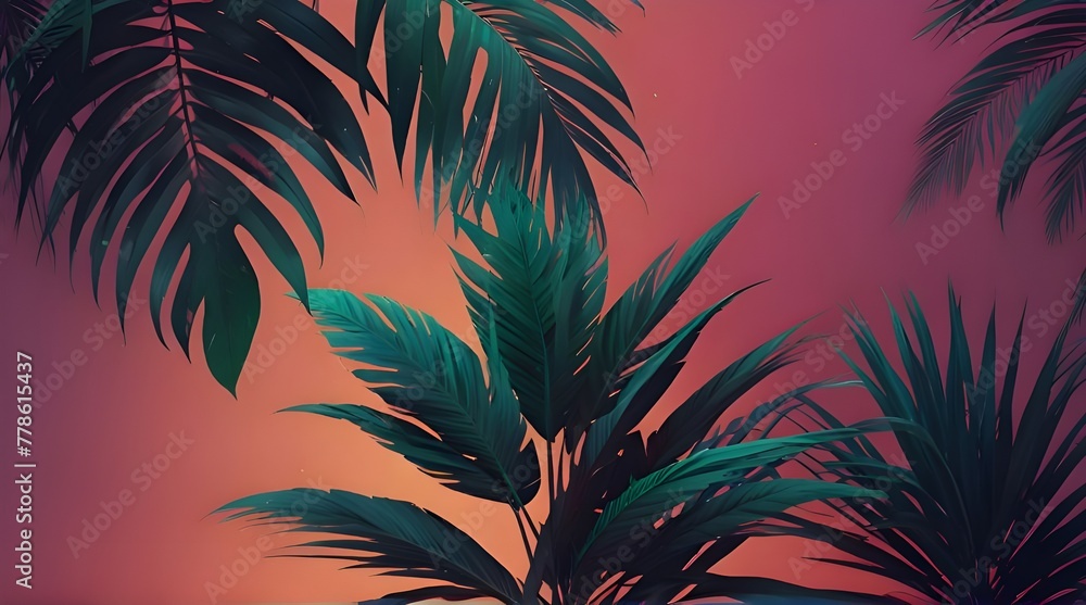 Tropical and palm leaves in vibrant bold gradient holographic neon colors. Concept art. Minimal surrealism background .Generative AI