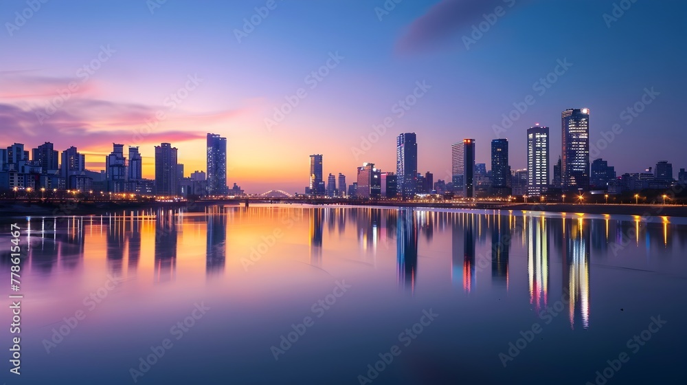 Spectacular Cityscape of Seoul's Skyline Mirrored on the Tranquil Han River at Sunset