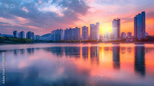Shimmering Urban Landscape Mirrored on Serene Han River at Sunset © pkproject