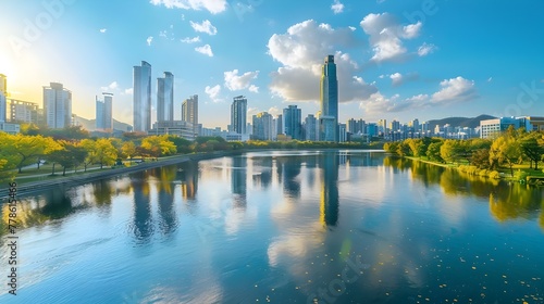 Majestic Cityscape with Serene River Reflections in Seoul's Urban Landscape