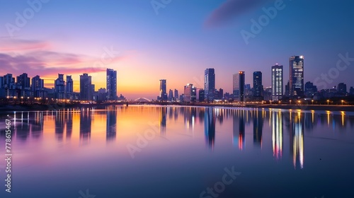 Spectacular Cityscape of Seoul's Skyline Mirrored on the Tranquil Han River at Sunset © pkproject