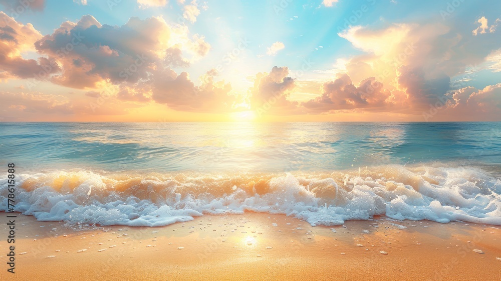 Beautiful sea summer or spring abstract background. Golden sand beach with blue ocean and cloudscape and sunset in the back. - obrazy, fototapety, plakaty 