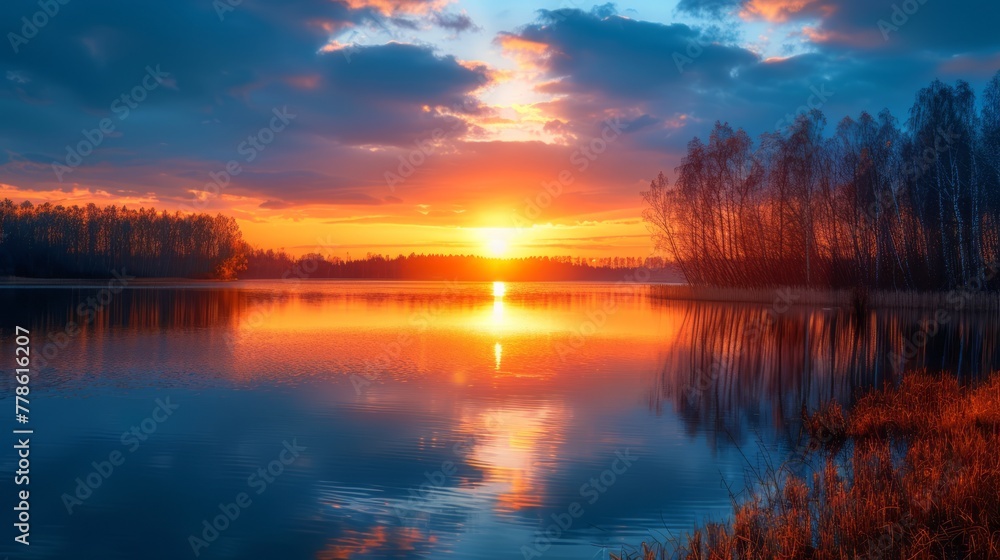 Sunset at coast of the lake. Nature landscape. Nature in northern Europe. reflection. blue sky and yellow sunlight. landscape during sunset.