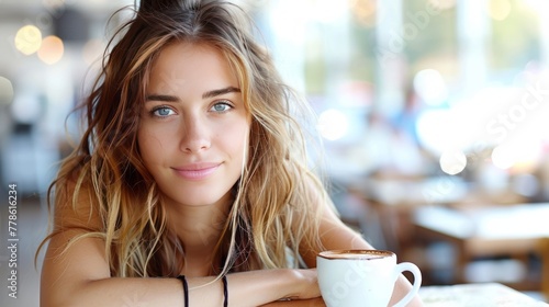 A woman drinking coffee in the morning at restaurant .soft focus on the eyes