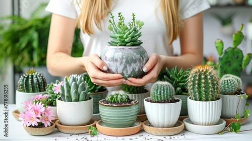 Woman gardeners transplanting cacti in ceramic pots on the white wooden table. Concept of home garden. Spring time. Stylish interior with a lot of plants. Taking care of home plants.