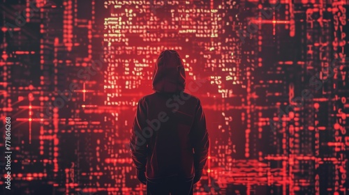 A digital firewall graphic appears behind the hacker, its structure strong and resilient, symbolizing the online security system repelling the attack.