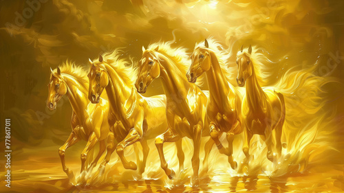 Herd of Golden , Seven Horses, Golden Oil Painting Generative AI