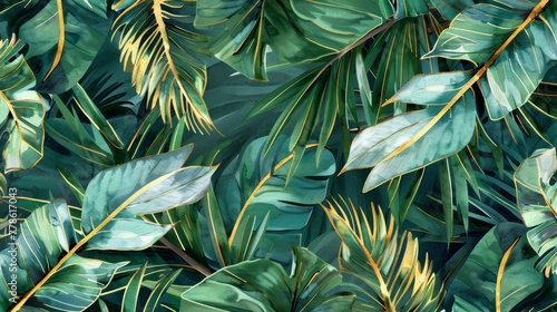 A watercolor pattern featuring realistic green palm leaves with subtle gold accents on the edges, adding a touch of luxury