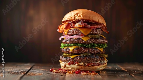 A mouthwatering burger stacked high with various toppings, ready to be devoured photo