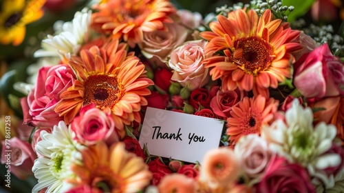 A bouquet of flowers arranged in a heart shape with a "Thank You" card tucked amongst the petals.